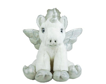 16 inch stuffed animal - White Unicorn plushie with silver wings and feet
