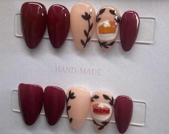 Pie || Holiday Nails || Luxury Press On Nails | Reusable | Hand Painted | Made by WitchyWonders&Wares
