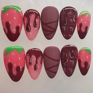 Chocolate Covered Strawberry || Valentine’s Day Nails || Luxury Press On Nails | Reusable | Hand Painted | Made by WitchyWonders&Wares
