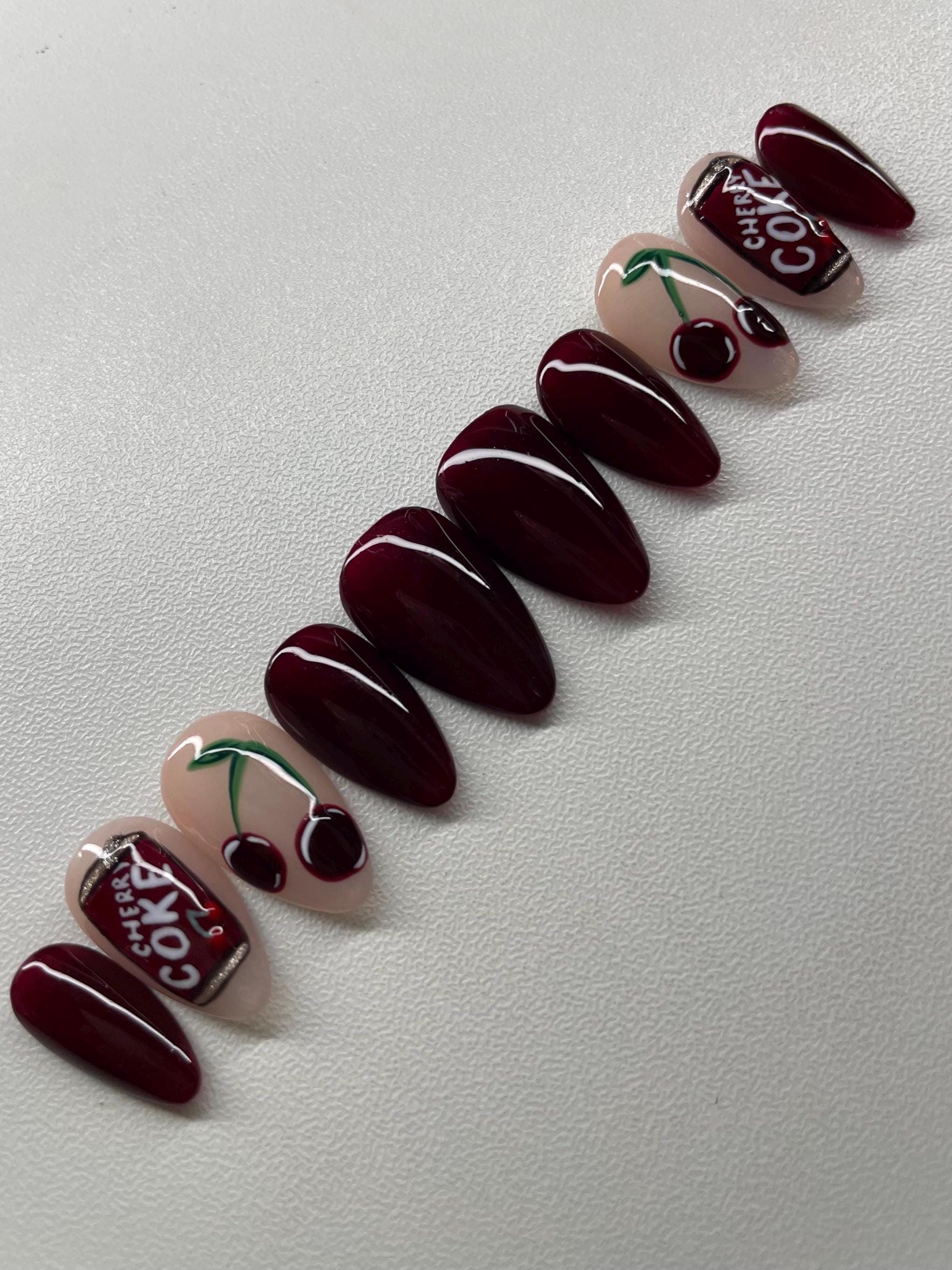 Cherry Coke || Luxury Press On Nails | Reusable | Hand Painted | Made by WitchyWonders&Wares