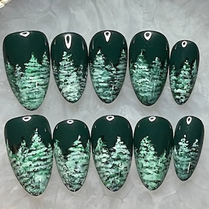 Snowy Woods || Luxury Press On Nails | Reusable | Hand Painted | Made by WitchyWonders&Wares