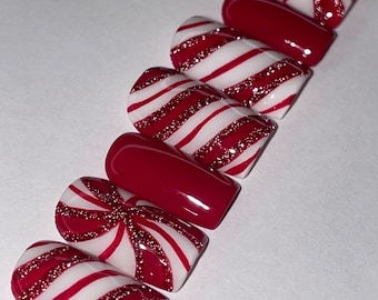 Peppermint || Christmas Nails || Luxury Press On Nails | Reusable | Hand Painted | Made by WitchyWonders&Wares