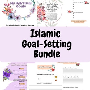 Op de afbeelding: Een printbare islamitische doelstellingsbundel met een roze achtergrond. De bundel bevat een dua voor productiviteit, een sectie voor het stellen van doelen voor de maand en een reflectiesectie met prompts voor de top 3 prestaties, wat heeft gewerkt en wat verbeterd moet worden.