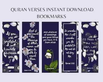 Islamitische afdrukbare bladwijzers Koranverzen Dankbaarheid Set van 5 digitale downloadcadeaus voor moslimvrouwen
