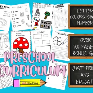 Peut inclure: Une image colorée présentant un programme scolaire pour la maternelle avec plus de 700 pages et un jeu bonus. L'image présente diverses feuilles de travail avec des activités pour apprendre les lettres, les couleurs, les formes et les nombres. Le texte "PRESCHOOL CURRICULUM" est écrit en grandes lettres roses. Le texte "JUST PRINT AND EDUCATE!" est écrit sur un tableau noir.