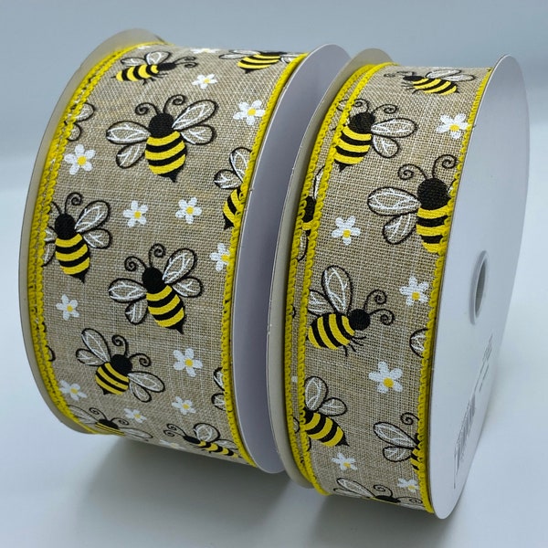 Bumblebee with Daisies Ribbon, 2.5”, 1.5”, Wired, Spring Ribbon, Summer Ribbon, favor Ribbon