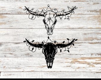 Cow Skull Christmas Lights SVG, Bull Skull Christmas SVG, Western Cow Skull SVG, Rustic Cowboy Christmas Decor