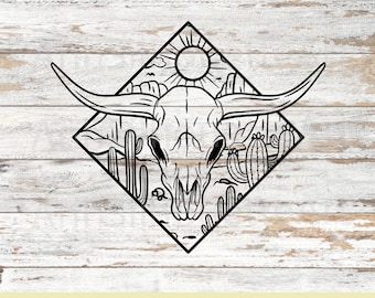 Cow Skull Svg, Bull Skull, Hand Drawn Bull Skull Svg, Western Svg, Desert Cow Skull, Laser Cut File, Silhouette Cricut Cut File.
