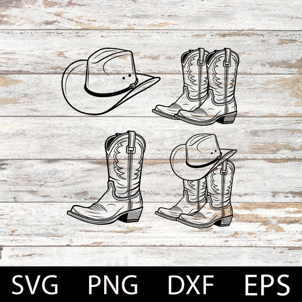Paquete de botas de vaquero, botas de vaquero dibujadas a mano, svg de vaquero, sombrero de vaquero svg, botas occidentales, silueta de botas, rodeo svg, rancho svg