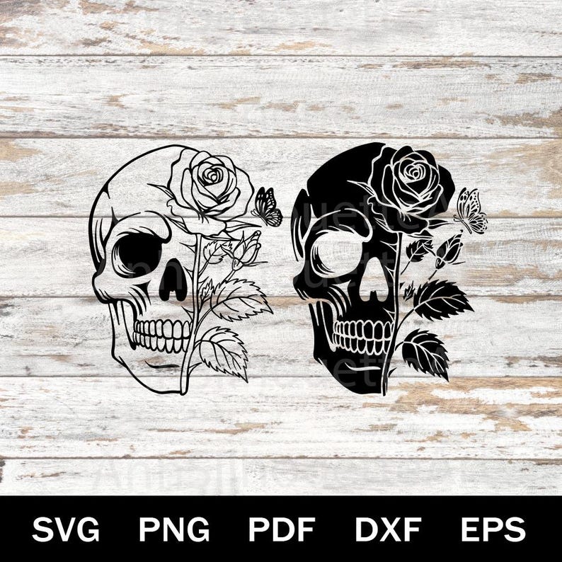 Skull With Rose Svg, Floral Skull Svg, Skull and Flower Svg for Cricut ...