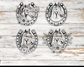 Horse Flowers Horseshoe Bundle Svg, Western Horseshoe Hand Drawn, Floral Horse Svg, Horse Laser Cut Files, Flowers Horseshoe, Horse Head