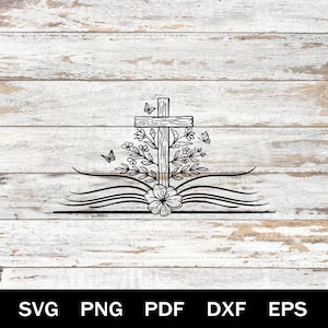 Cruz bíblica SVG PNG, Cruz floral cristiana con mariposas, Imágenes prediseñadas de la fe en las Escrituras, Archivos de corte para Cricut
