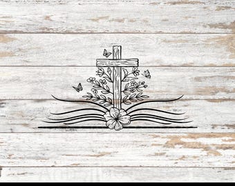 Bible Cross Svg Png, Christian Floral Cross With Butterflies, Scripture Book Faith Clipart, Cricut Cut Files