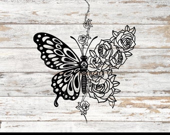 Floral Butterfly Svg, Butterfly Butterfly with flowers Cricut File, Butterfly Roses, Butterfly monogram Laser Cut File, Tattoo design.