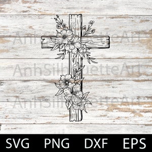 Cross Flowers Svg Cut File, Faith Svg, Vintage Christian Cross, Cross Hand-drawn,  Jesus Svg, Cross Png, Laser cut file Svg, Dxf, Png, Eps.