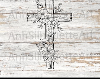 Cross Flowers Svg Cut File, Faith Svg, Vintage Christian Cross, Cross Hand-drawn,  Jesus Svg, Cross Png, Laser cut file Svg, Dxf, Png, Eps.