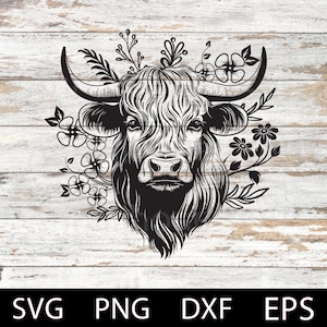 Highland Kuh mit Blumen Svg, Highland Kuh Laser geschnittene Datei Svg, Highland Kuh Kopf Svg, Farmleben Svg, Kuh Silhouette geschnitten Datei, DXF, Eps, Png