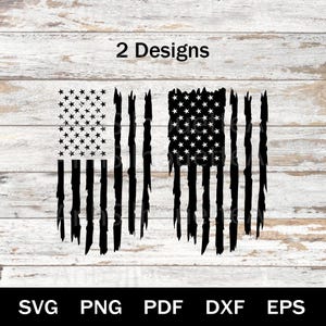 May include: Two black and white American flag designs with a distressed look. The flags have stars in the upper left corner and vertical stripes. The text "2 Designs" is above the flags. Below the flags are the file type abbreviations: SVG, PNG, PDF, DXF, and EPS.