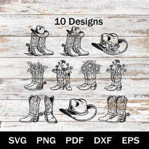 Può includere: Disegni in bianco e nero di stivali e cappelli da cowboy. L'immagine include dieci diversi disegni, con alcuni stivali e cappelli decorati con fiori. Il testo "10 Designs" è in alto. La parte inferiore dell'immagine ha il testo "SVG PNG PDF DXF EPS".