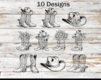 Cowgirl Boots Flowers Svg Png, Western Floral Boot Hat Clipart Bundle, Country Boho Cricut-filer