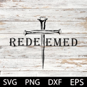 May include: Black and white graphic design of a cross with nails, with the word "REDEEMED" below it. The design is on a white wood background.