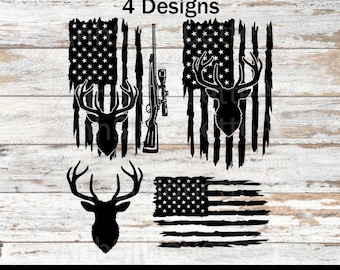 May include: Four black and white designs featuring deer antlers, rifles, and American flag motifs. The designs include a deer head silhouette, a rifle with a scope, and variations of the American flag with deer antlers.