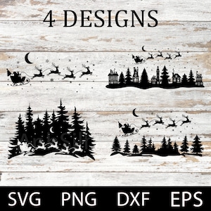 Santa Christmas Night Svg, Santa Sleigh Svg, Starry Forest Svg, Xmas Reindeer Silhouette, Starry Winter Night, Magic Santa Claus Dxf Png Eps