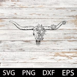 Cow Skull With Flower Svg, Bull Skull Flower, Hand Drawn Skull Svg, Western Svg, Cow Skull Laser Cut File, Silhouette Eps Dxf