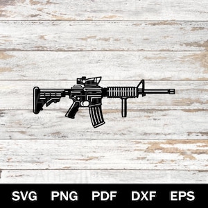 May include: A black silhouette of a rifle, featuring a scope, magazine, and tactical elements, set against a light wood grain backdrop. The image includes the text "SVG PNG PDF DXF EPS" at the bottom.