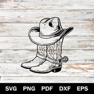 May include: Black and white illustration of a cowboy hat resting on top of a pair of cowboy boots. The boots have decorative stitching and spurs. The image includes the file type options: SVG, PNG, PDF, DXF, and EPS.