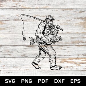 May include: Black and white illustration of a Bigfoot carrying a large fish and a fishing rod. The Bigfoot is wearing a hat and vest. The image is on a white wood background.