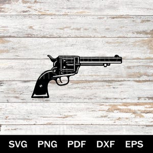 May include: A black silhouette of a revolver pistol. The gun is depicted in a side profile, showcasing the barrel, cylinder, trigger, and handle. The image is set against a light wood grain background.