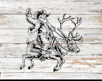 May include: Black and white illustration of Santa Claus riding a reindeer, wearing a cowboy hat and holding his arm up. The reindeer has large antlers and is wearing a bridle. The image includes the file types SVG, PNG, PDF, DXF, and EPS.