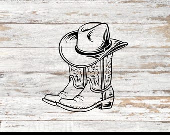 Archivo SVG de botas y sombrero de vaquero, silueta del oeste americano, archivo de corte para Cricut y láser para rodeo.