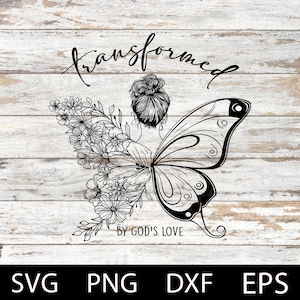 Può includere: Illustrazione digitale in bianco e nero di una donna con un chignon, con ali di farfalla e dettagli floreali. Il testo "trasformata dall'amore di Dio" è sotto l'immagine.
