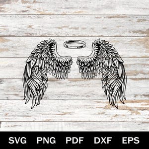May include: Black and white angel wings and halo design. The wings are detailed with layered feathers, and the halo is a simple ring. The image includes the file type abbreviations: SVG, PNG, PDF, DXF, and EPS.