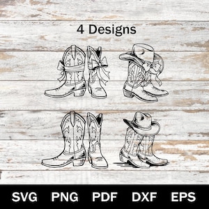 May include: Black and white line art of four cowboy boot and hat designs. The text "4 Designs" is at the top. The bottom of the image has the file type options: SVG, PNG, PDF, DXF, and EPS.