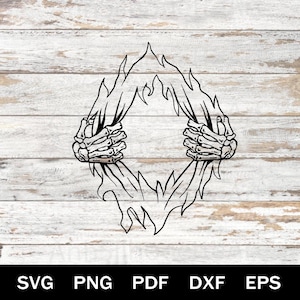 May include: Black and white graphic of a flaming oval shape held by two skeleton hands. The design is suitable for Halloween or gothic-themed projects. The image includes file type options: SVG, PNG, PDF, DXF, and EPS.