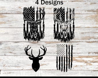May include: Four black and white designs featuring deer silhouettes and American flag elements. The designs include deer heads with antlers, a deer silhouette, and a flag with stars and stripes. The image also includes file type labels: SVG, PNG, PDF, DXF, and EPS.