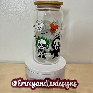 Halloween libbey glass can cup | spooky | chucky | jason | beetlejuice | freddy | scream | scary | mouse | blood | horror | october | spider