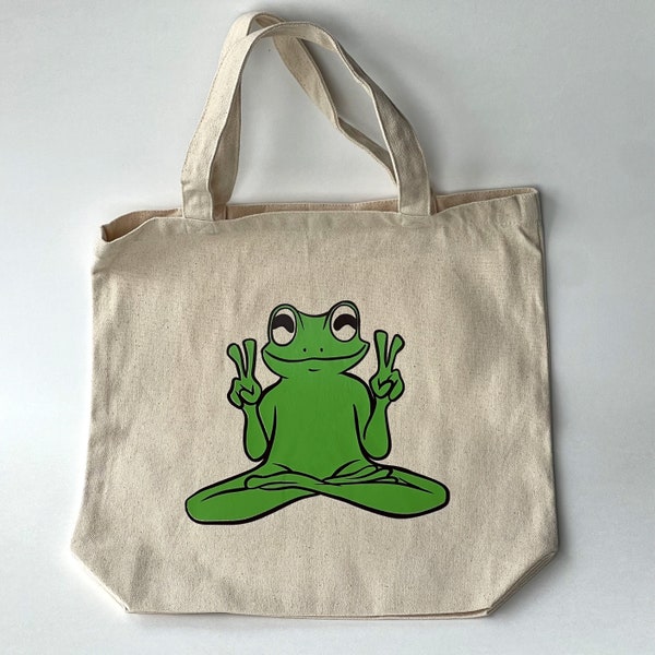 Peace Sign Frog Tote Bag | Grocery Canvas Tote Bag