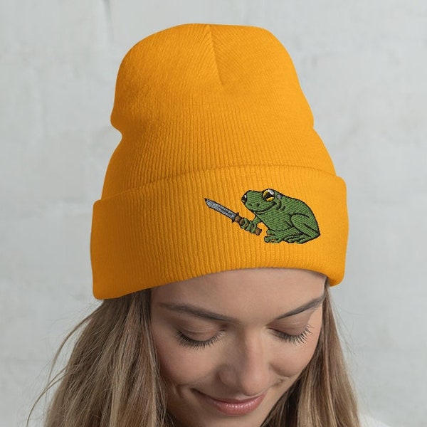 Frog With Knife | Cuffed Beanie | Embroidered hat | Rave Festival Wear