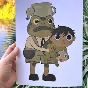 May include: A cartoon illustration of a frog wearing a brown shirt and carrying a small green creature with a blue face. The frog is wearing a pot on its head and has a brown bag slung over its shoulder.