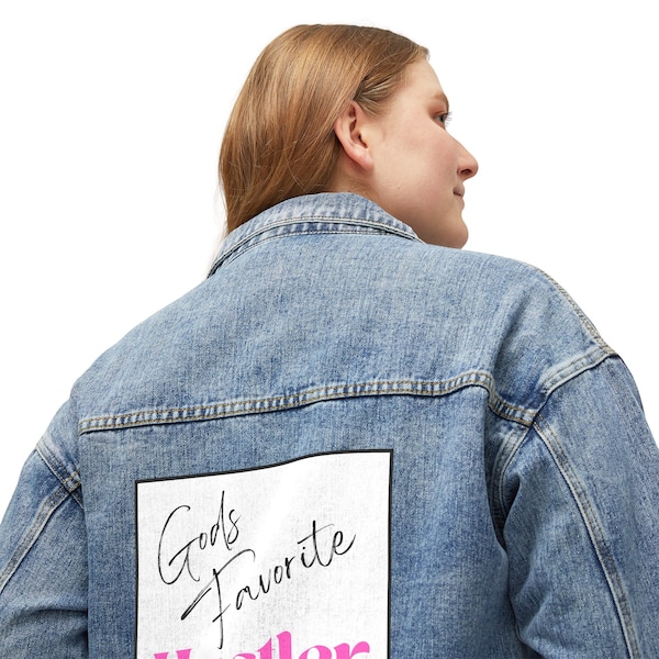 God's Favorite Hustler Oversized Vintage Boyfriend- Style Denim Jacket (White Background)