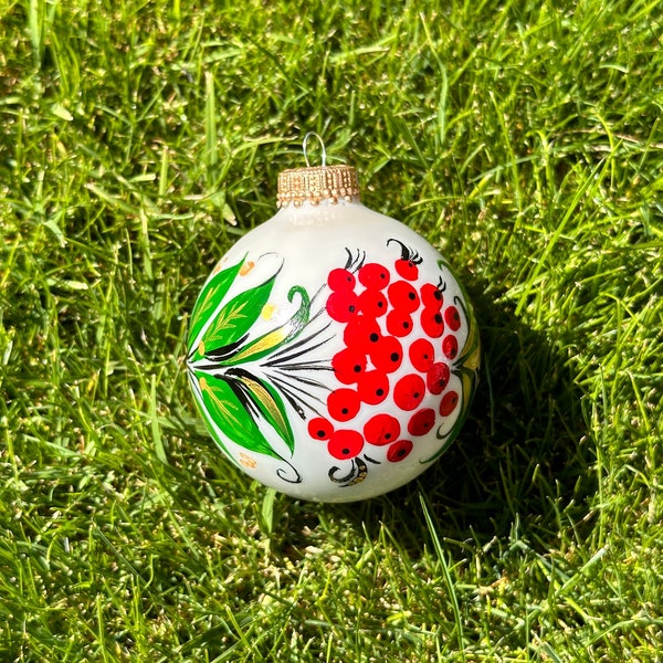 Glass Hand Painted Christmas Ornament. 2.5”, White, Red Berries