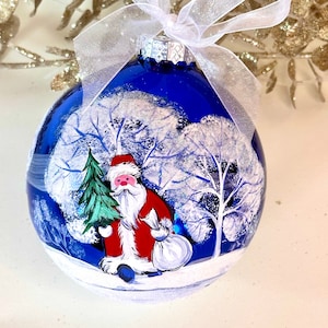 Santa Clause Hand Painted Glass Christmas Ornament, Blue Shiny