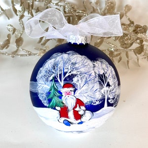 Santa Clause Hand Painted Glass Christmas Ornament, Blue Matte
