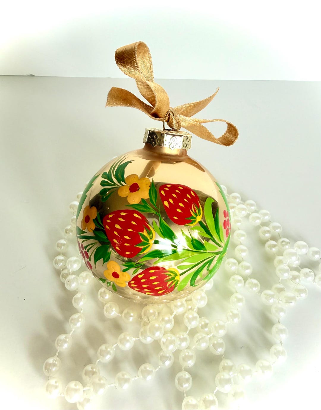 Hand Painted Glass Christmas Ornament Strawberry, 2.5” Gold Shiny ...