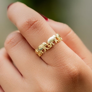 Gold Family of Elephants Parade 925 Sterling Silver Band Ring,Chic Comfort Fit Silver Rings for Women, Gift, Gold Plating 24k ring