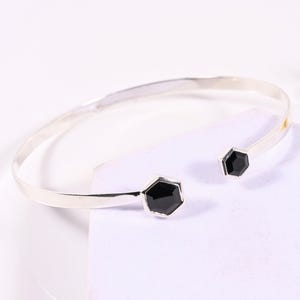 Black Onyx Hexagon Cuff Bracelet, Sterling Silver Geometric Jewelry
